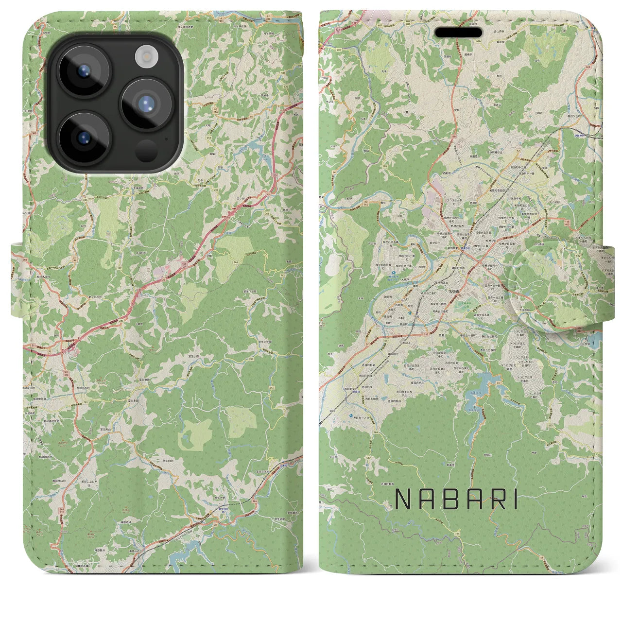 【名張(三重県)】地図柄iPhoneケース(手帳タイプ)ナチュラル・iPhone 15 Pro Max 用