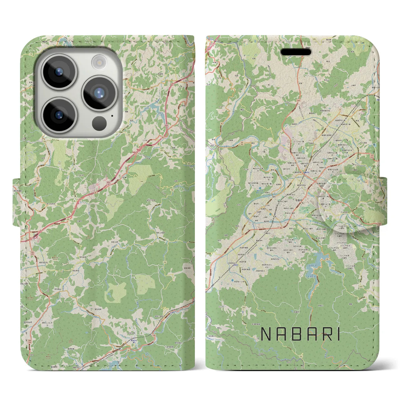 【名張(三重県)】地図柄iPhoneケース(手帳タイプ)ナチュラル・iPhone 15 Pro 用