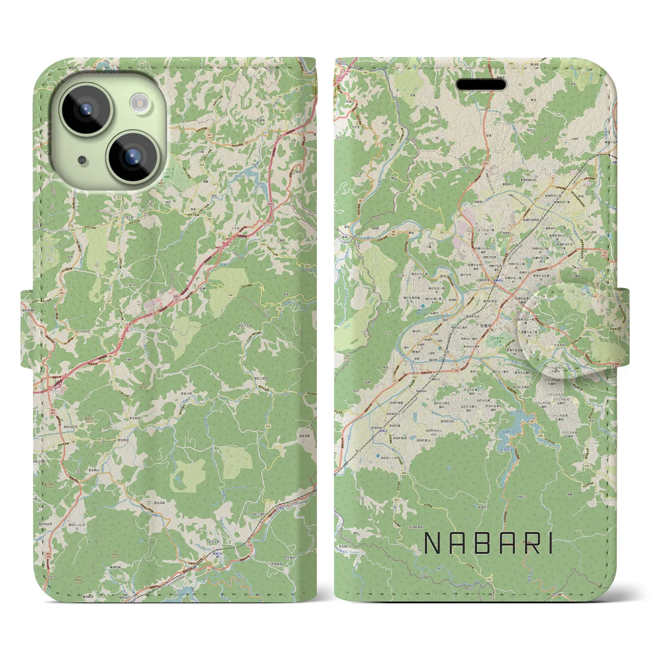 【名張(三重県)】地図柄iPhoneケース(手帳タイプ)ナチュラル・iPhone 15 用