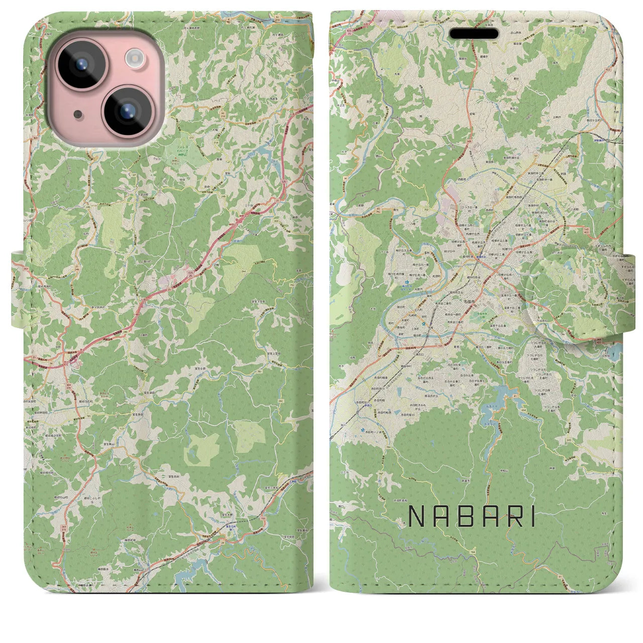 【名張(三重県)】地図柄iPhoneケース(手帳タイプ)ナチュラル・iPhone 15 Plus 用