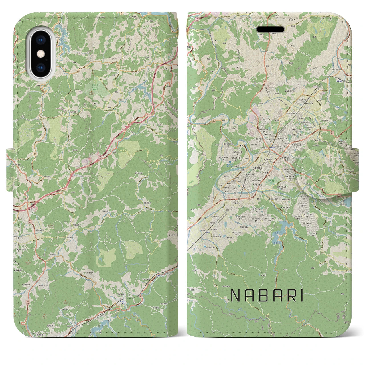 【名張(三重県)】地図柄iPhoneケース(手帳タイプ)ナチュラル・iPhone XS Max 用