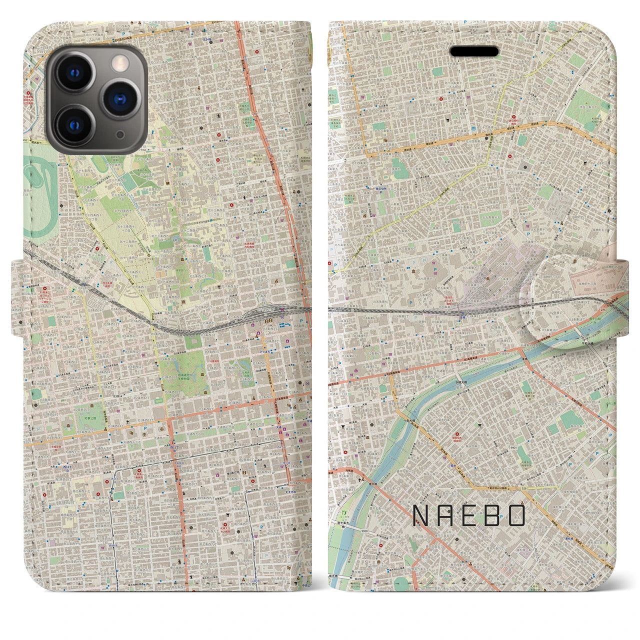 【苗穂(北海道)】地図柄iPhoneケース(手帳タイプ)ナチュラル・iPhone 11 Pro Max 用