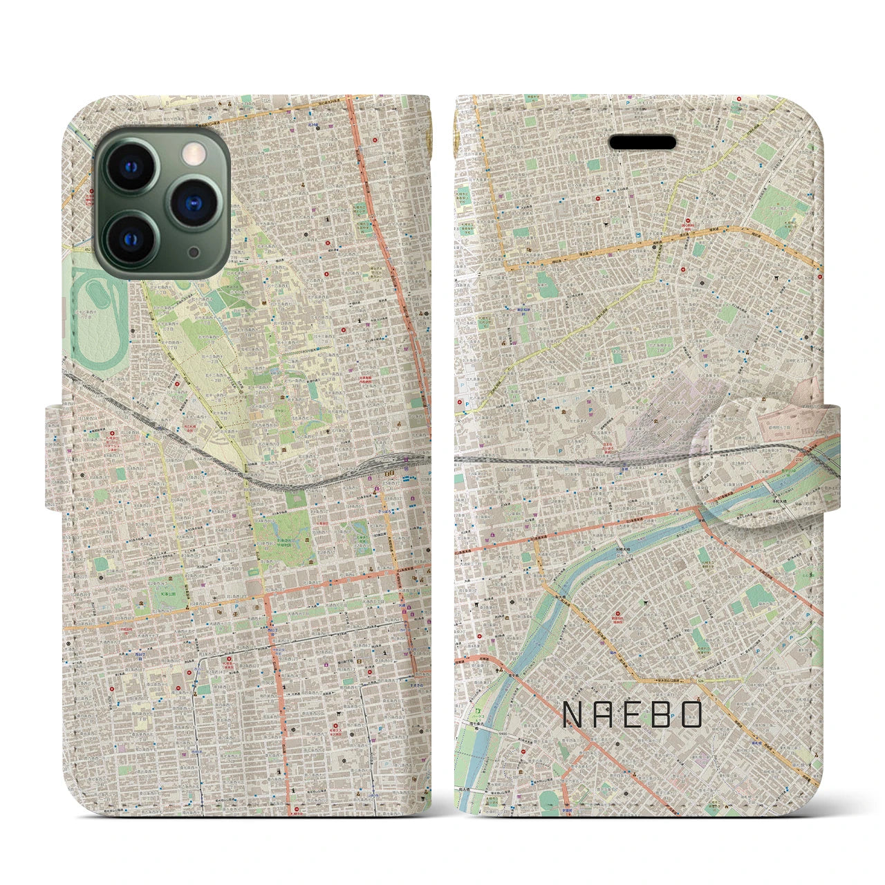 【苗穂(北海道)】地図柄iPhoneケース(手帳タイプ)ナチュラル・iPhone 11 Pro 用