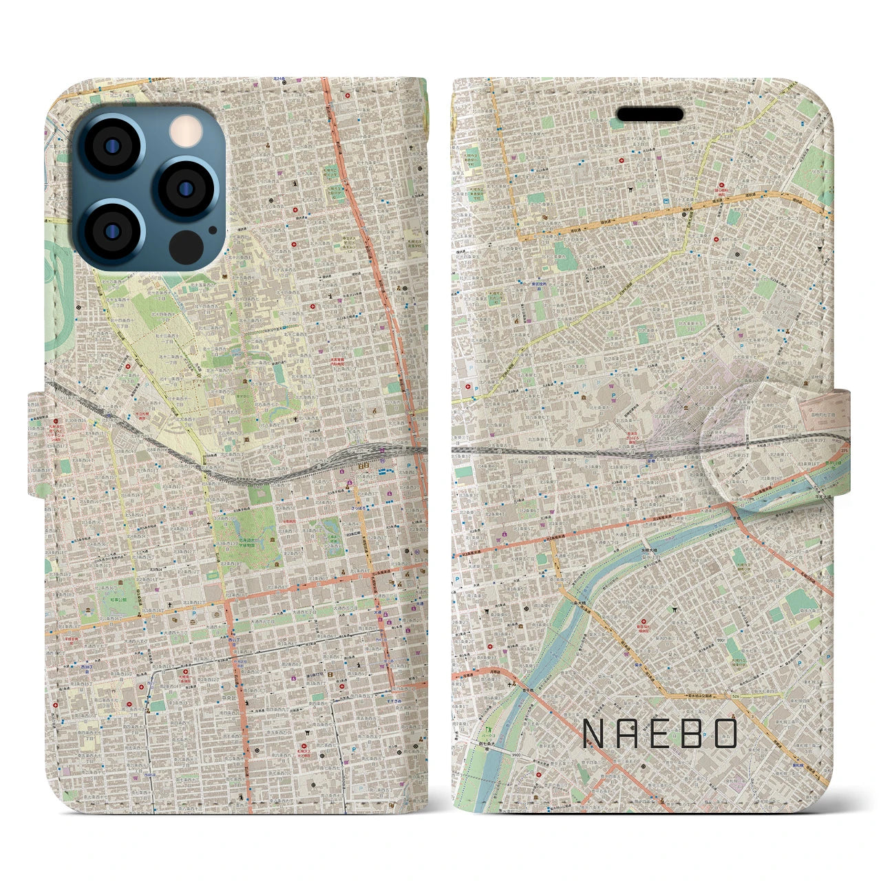 【苗穂(北海道)】地図柄iPhoneケース(手帳タイプ)ナチュラル・iPhone 12 / 12 Pro 用