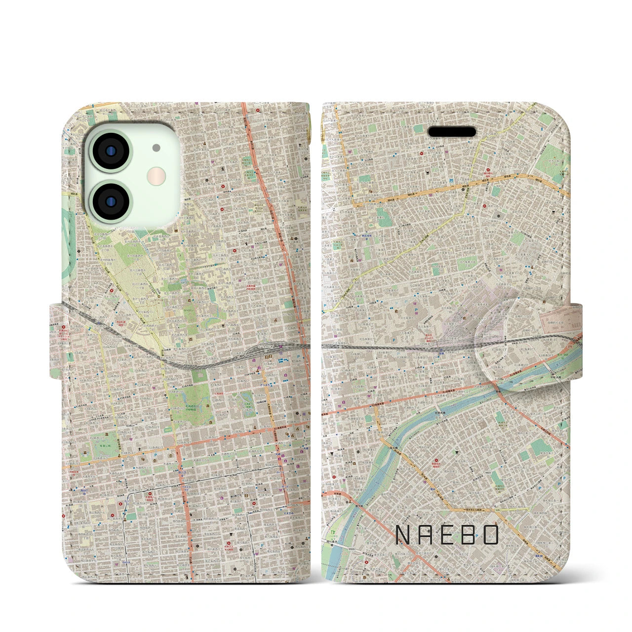 【苗穂(北海道)】地図柄iPhoneケース(手帳タイプ)ナチュラル・iPhone 12 mini 用