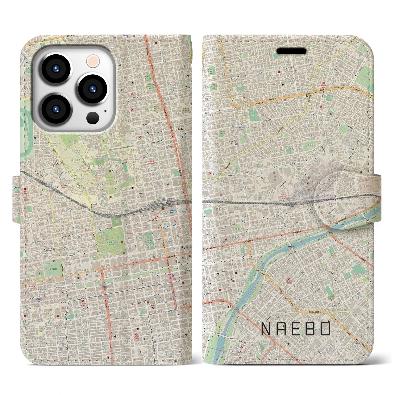 【苗穂(北海道)】地図柄iPhoneケース(手帳タイプ)ナチュラル・iPhone 13 Pro 用