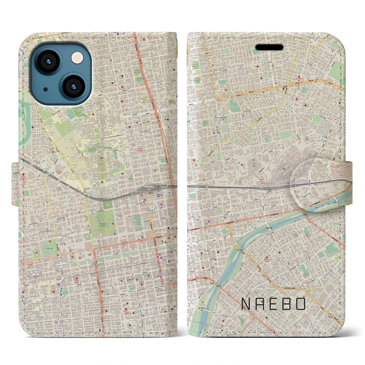 【苗穂(北海道)】地図柄iPhoneケース(手帳タイプ)ナチュラル・iPhone 13 用