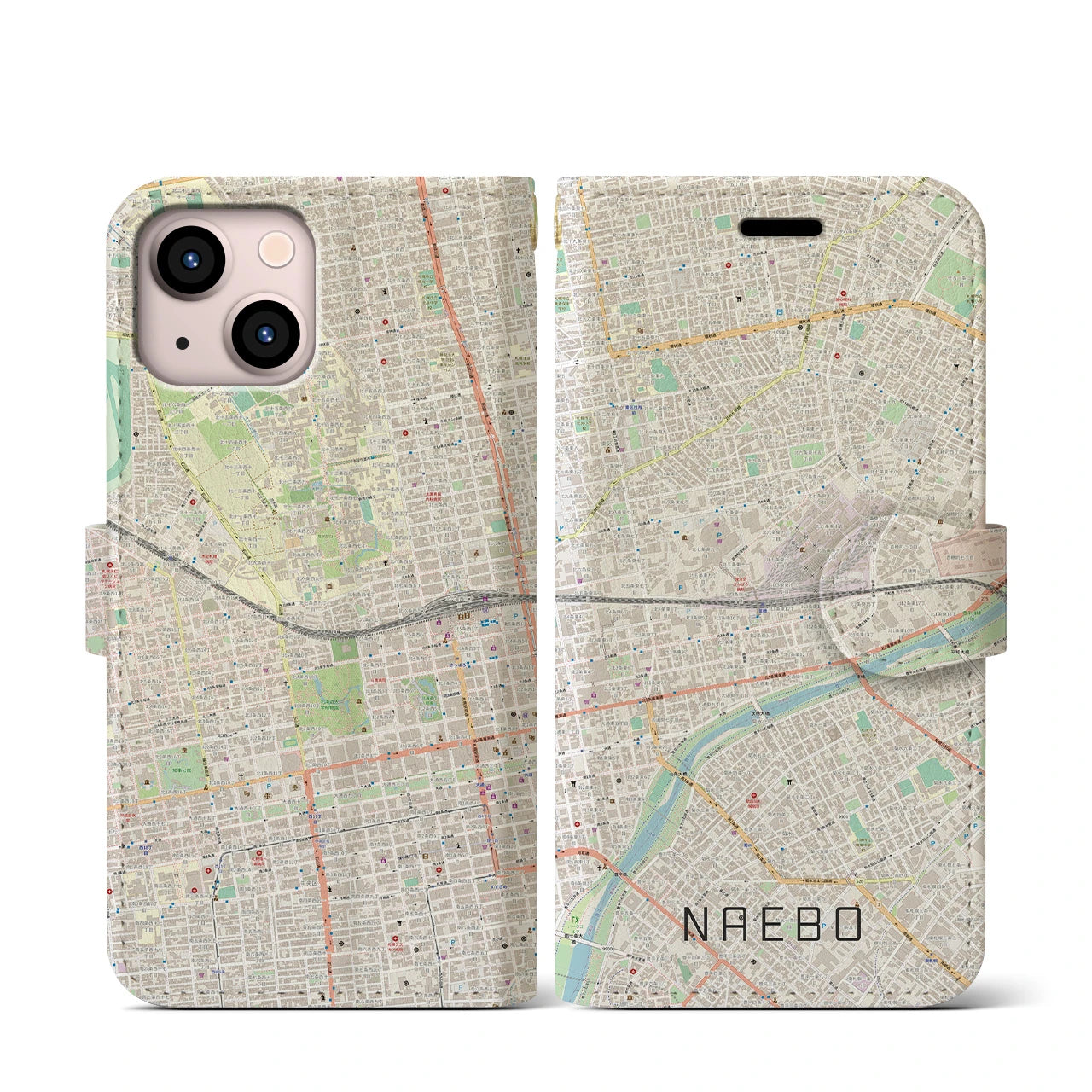 【苗穂(北海道)】地図柄iPhoneケース(手帳タイプ)ナチュラル・iPhone 13 mini 用