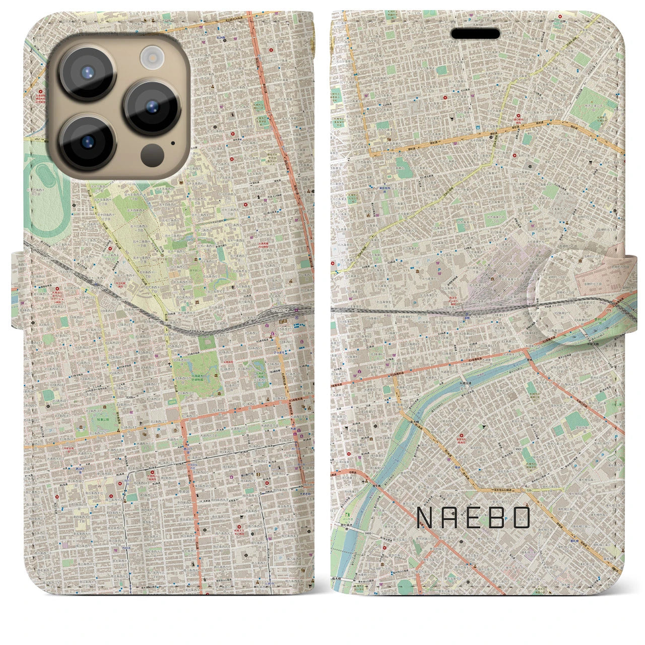 【苗穂(北海道)】地図柄iPhoneケース(手帳タイプ)ナチュラル・iPhone 14 Pro Max 用