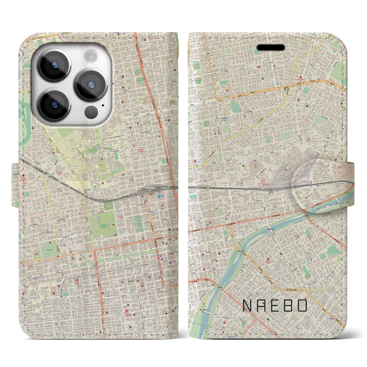 【苗穂(北海道)】地図柄iPhoneケース(手帳タイプ)ナチュラル・iPhone 14 Pro 用