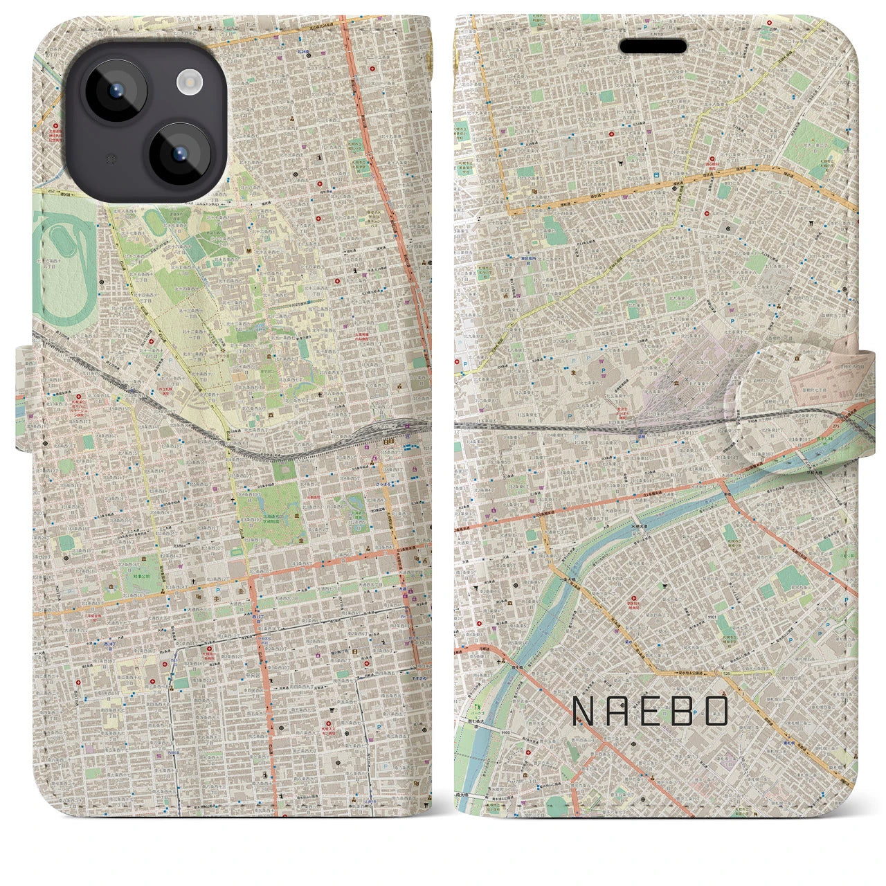 【苗穂(北海道)】地図柄iPhoneケース(手帳タイプ)ナチュラル・iPhone 14 Plus 用