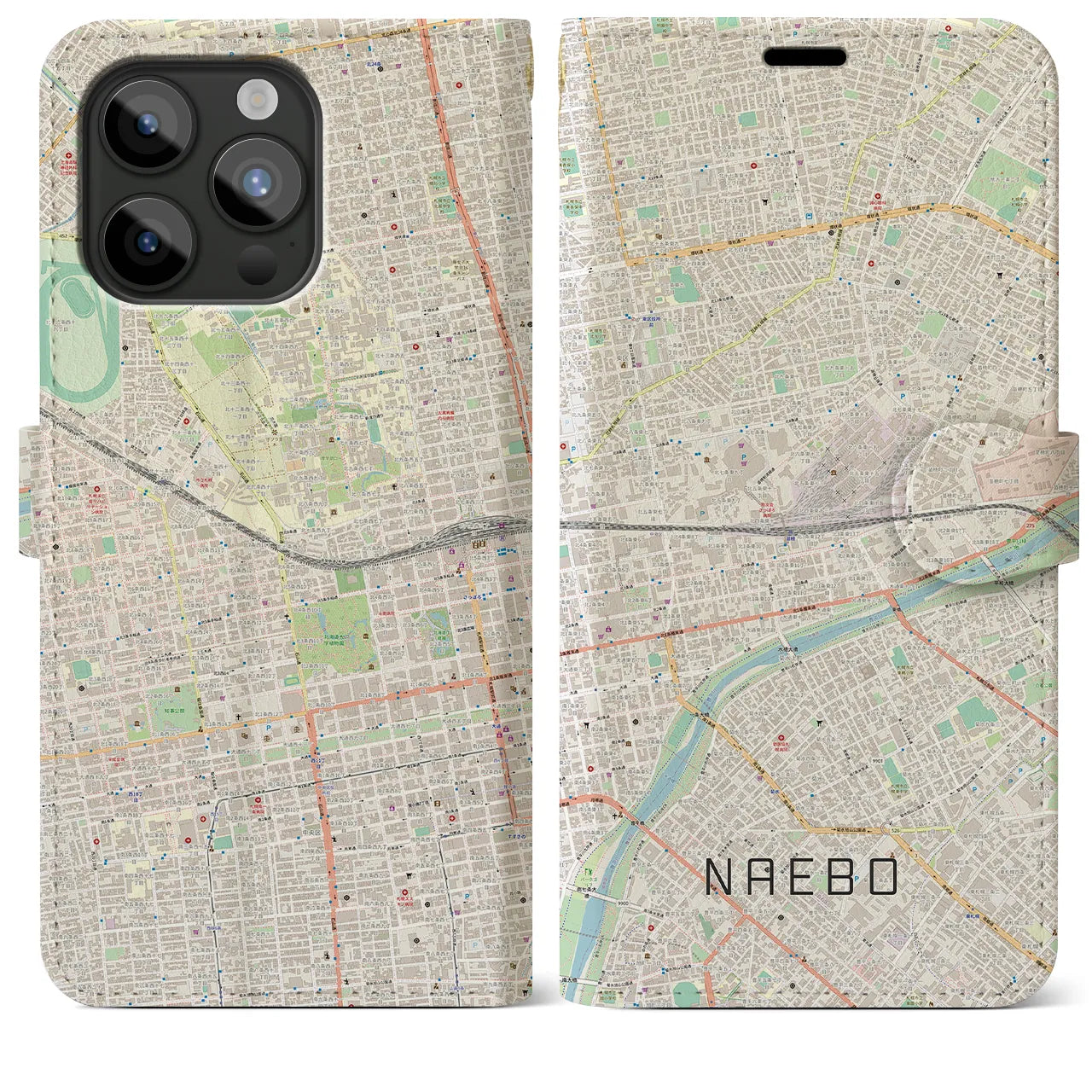 【苗穂(北海道)】地図柄iPhoneケース(手帳タイプ)ナチュラル・iPhone 15 Pro Max 用