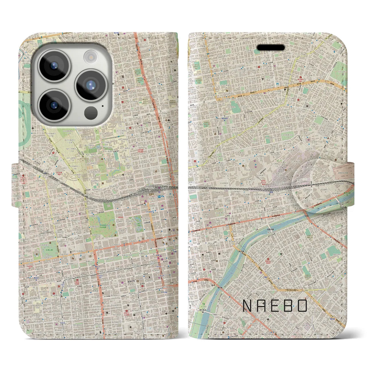 【苗穂(北海道)】地図柄iPhoneケース(手帳タイプ)ナチュラル・iPhone 15 Pro 用