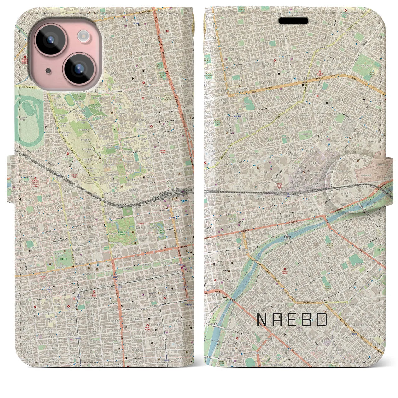 【苗穂(北海道)】地図柄iPhoneケース(手帳タイプ)ナチュラル・iPhone 15 Plus 用