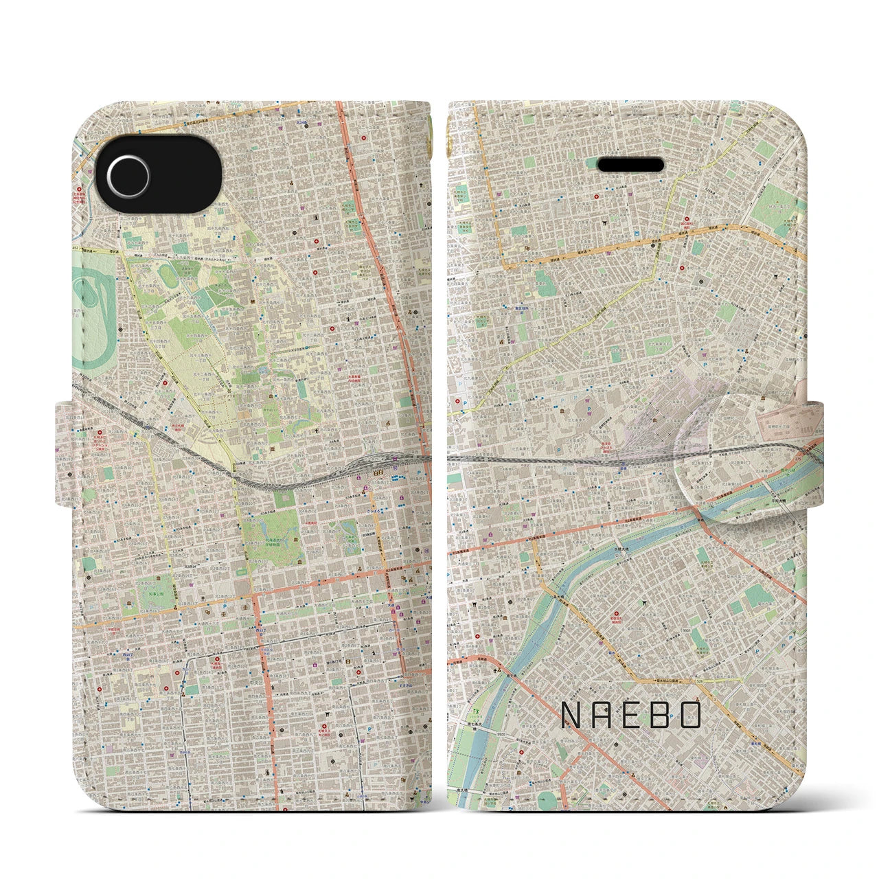 【苗穂(北海道)】地図柄iPhoneケース(手帳タイプ)ナチュラル・iPhone SE(第3 / 第2世代) / 8 / 7 / 6s / 6 用