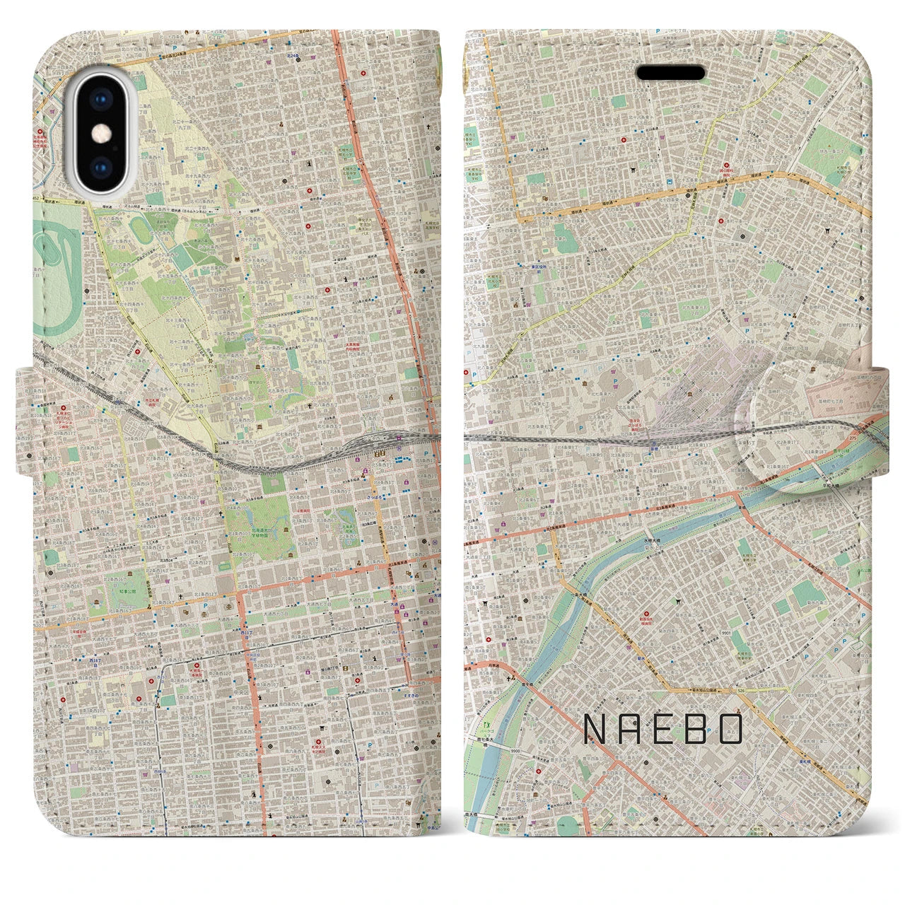 【苗穂(北海道)】地図柄iPhoneケース(手帳タイプ)ナチュラル・iPhone XS Max 用