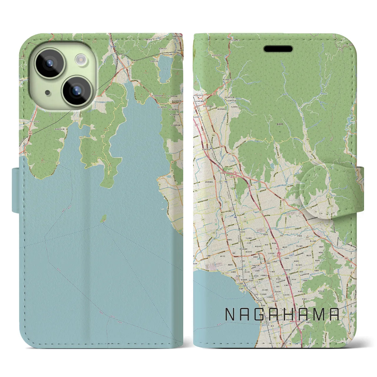 【長浜(滋賀県)】地図柄iPhoneケース(手帳タイプ)ナチュラル・iPhone 15 用
