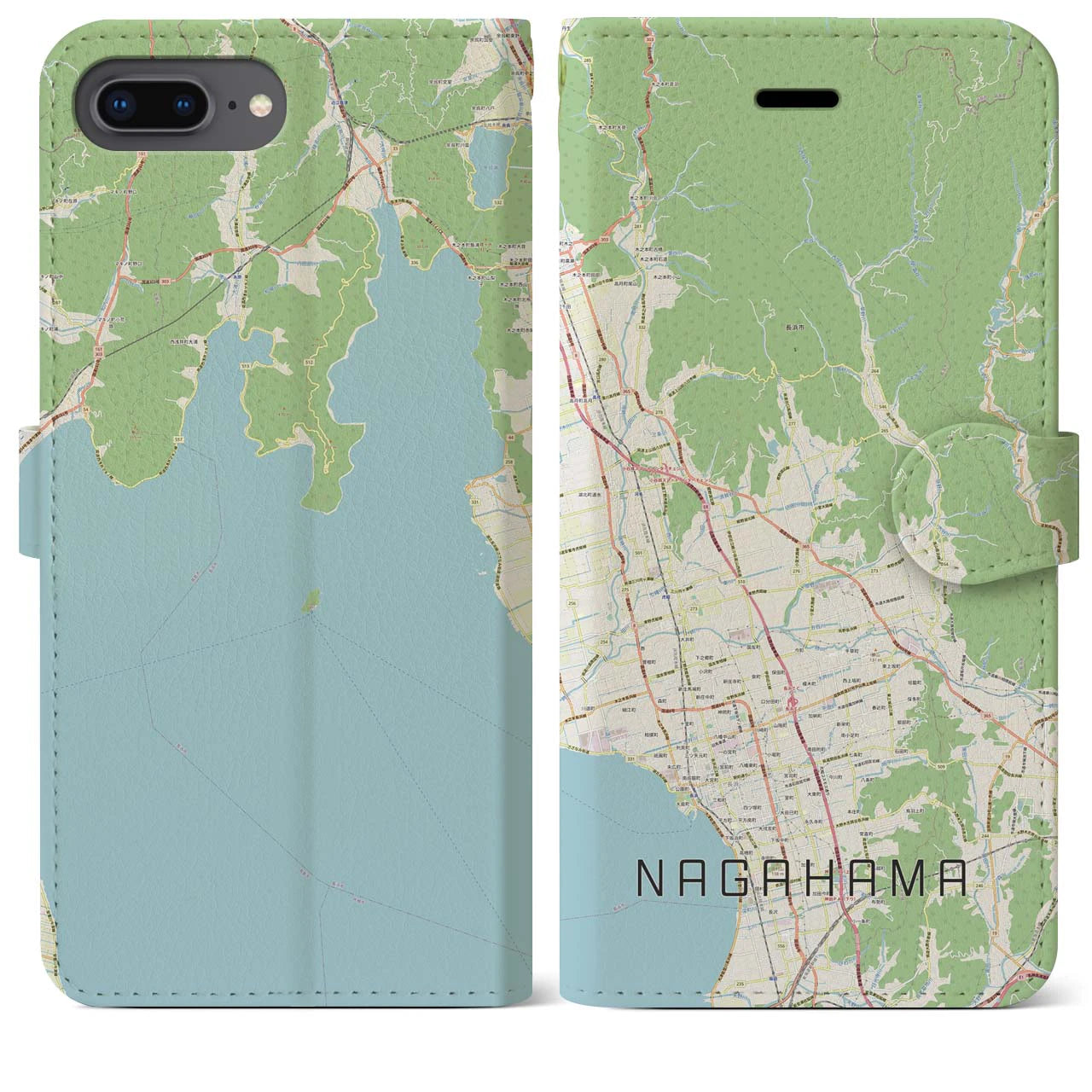【長浜(滋賀県)】地図柄iPhoneケース(手帳タイプ)ナチュラル・iPhone 8Plus /7Plus / 6sPlus / 6Plus 用