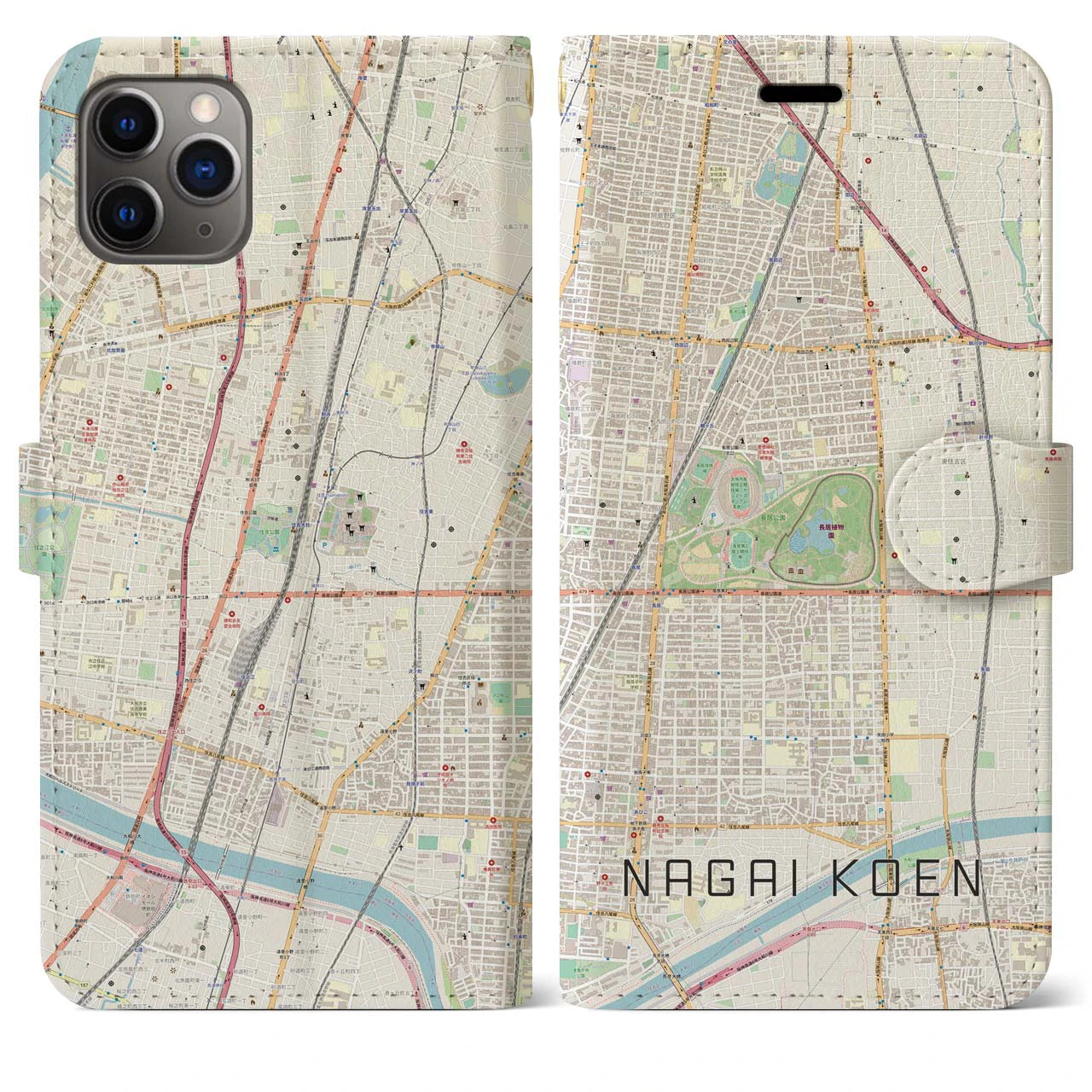 【長居公園(大阪府)】地図柄iPhoneケース(手帳タイプ)ナチュラル・iPhone 11 Pro Max 用