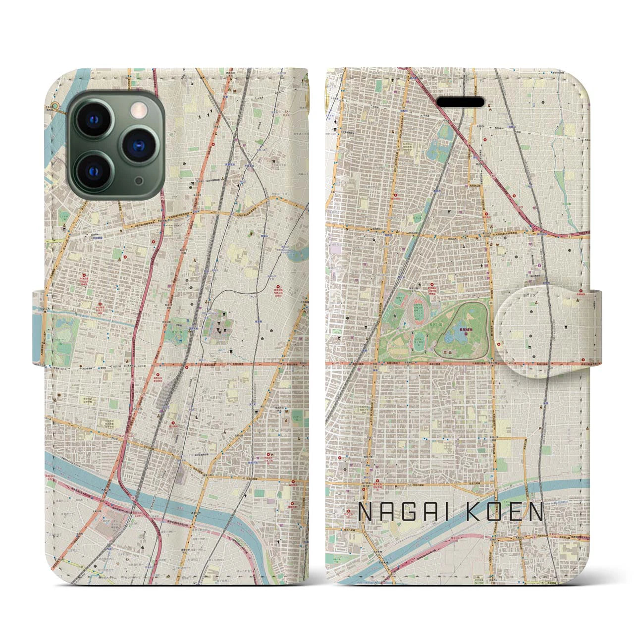 【長居公園(大阪府)】地図柄iPhoneケース(手帳タイプ)ナチュラル・iPhone 11 Pro 用