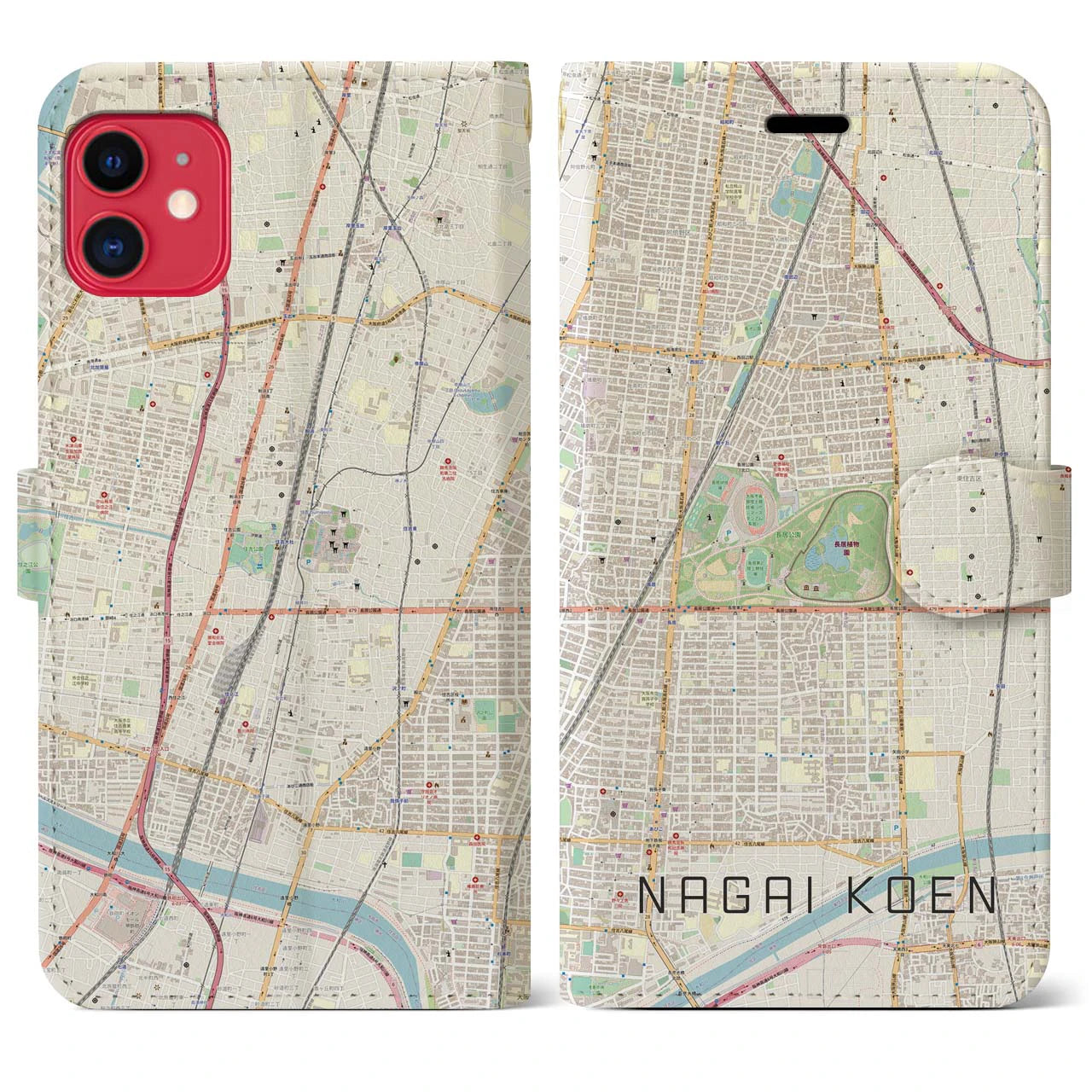 【長居公園(大阪府)】地図柄iPhoneケース(手帳タイプ)ナチュラル・iPhone 11 用