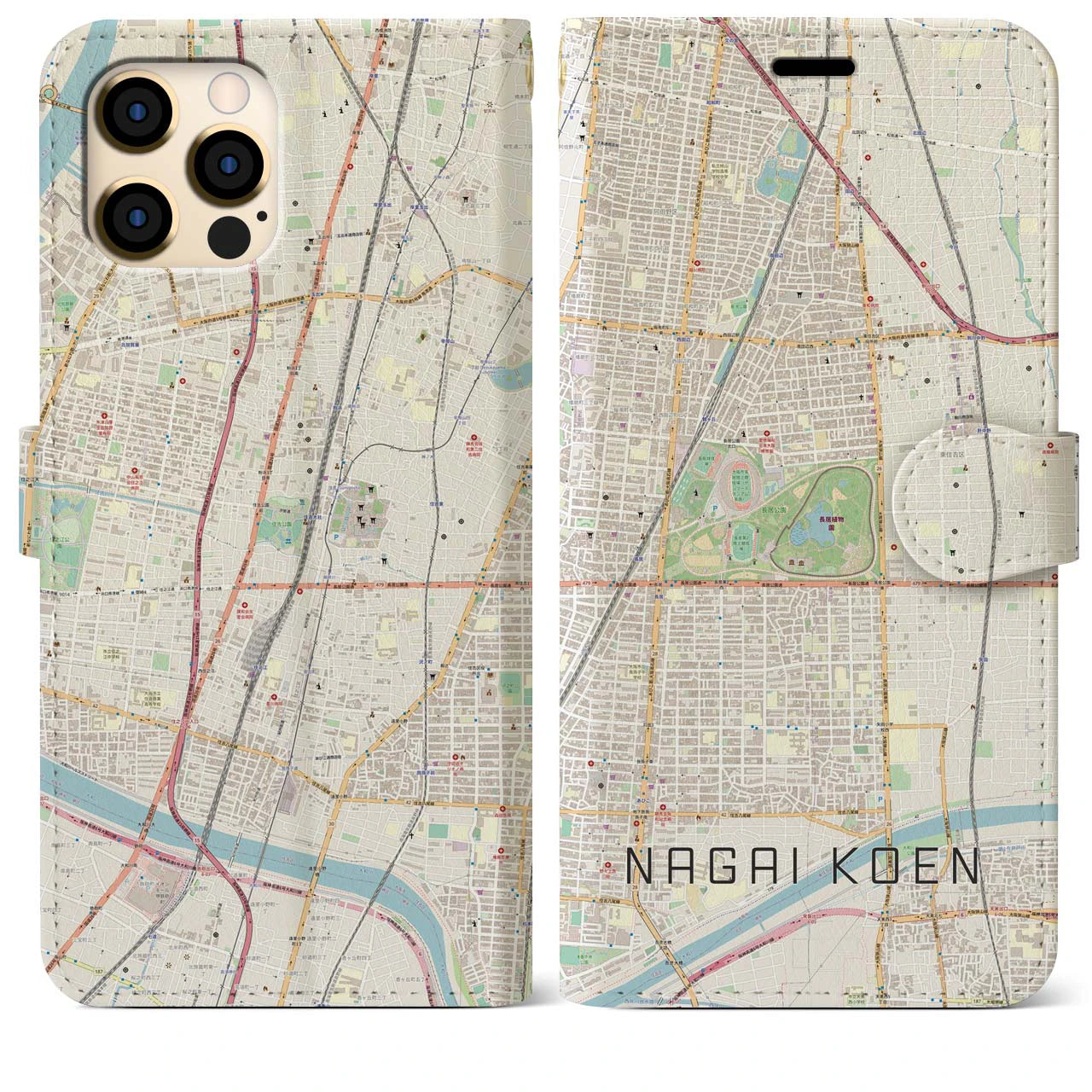 【長居公園(大阪府)】地図柄iPhoneケース(手帳タイプ)ナチュラル・iPhone 12 Pro Max 用