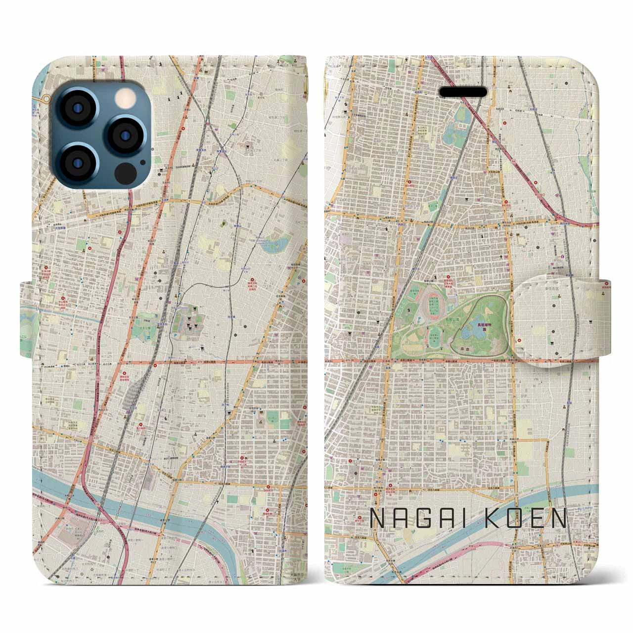 【長居公園(大阪府)】地図柄iPhoneケース(手帳タイプ)ナチュラル・iPhone 12 / 12 Pro 用