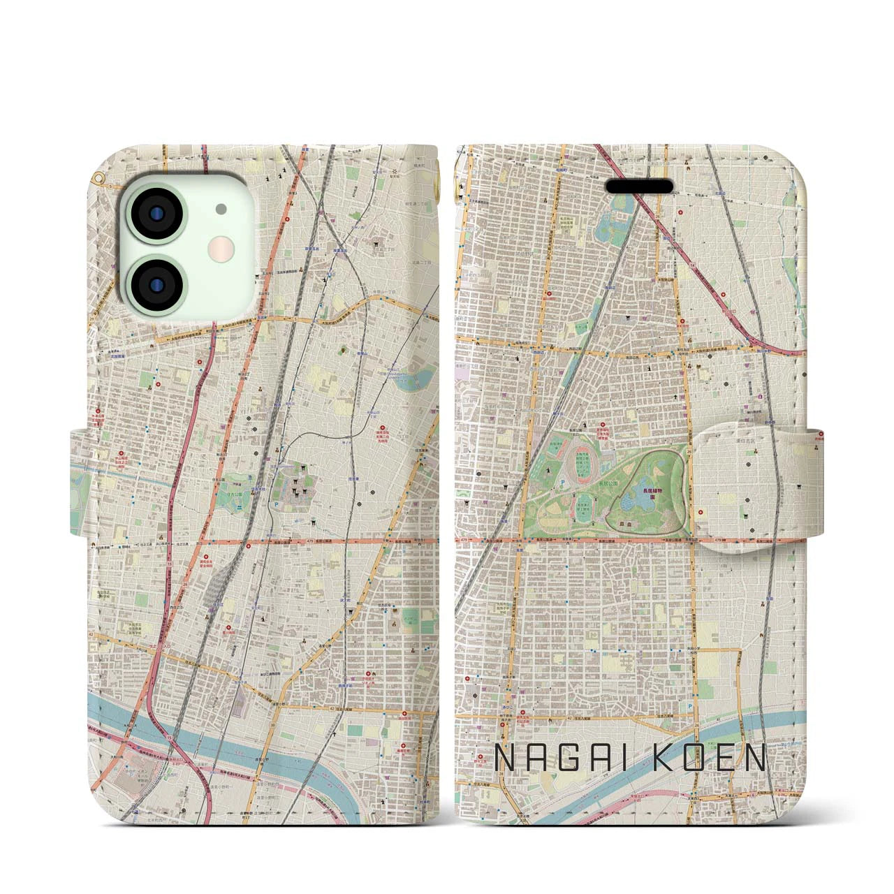 【長居公園(大阪府)】地図柄iPhoneケース(手帳タイプ)ナチュラル・iPhone 12 mini 用