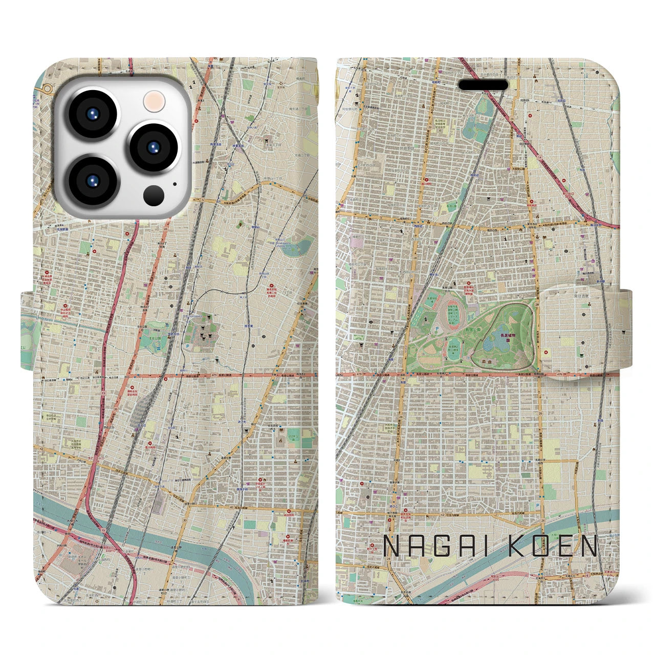 【長居公園(大阪府)】地図柄iPhoneケース(手帳タイプ)ナチュラル・iPhone 13 Pro 用