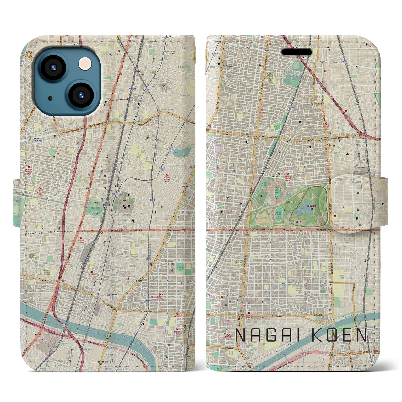 【長居公園(大阪府)】地図柄iPhoneケース(手帳タイプ)ナチュラル・iPhone 13 用