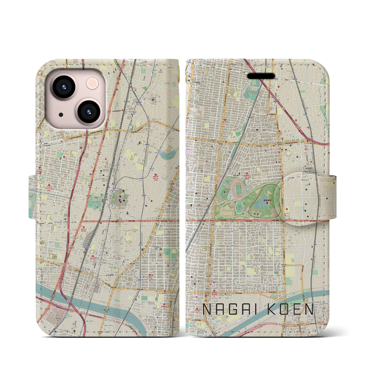 【長居公園(大阪府)】地図柄iPhoneケース(手帳タイプ)ナチュラル・iPhone 13 mini 用