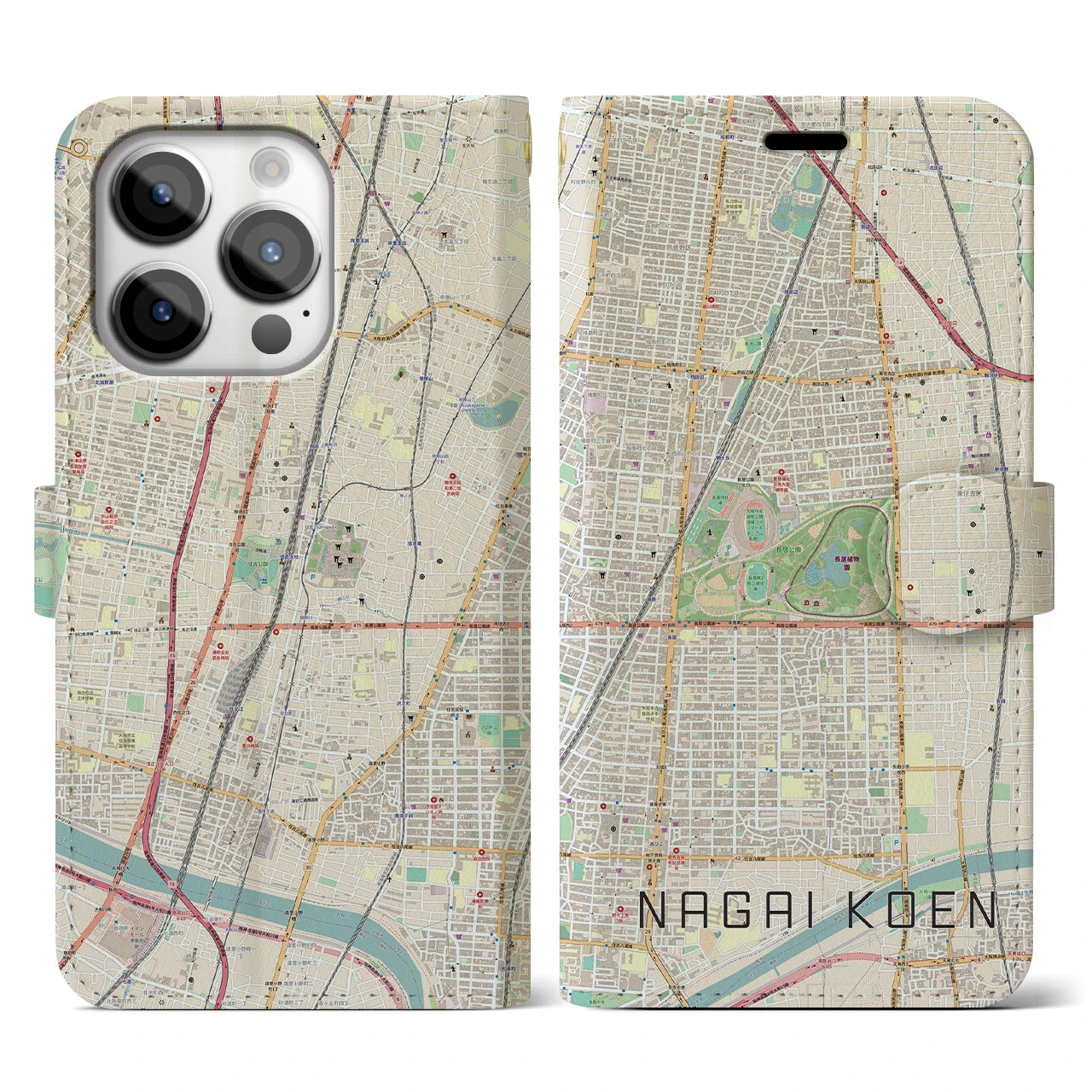 【長居公園(大阪府)】地図柄iPhoneケース(手帳タイプ)ナチュラル・iPhone 14 Pro 用