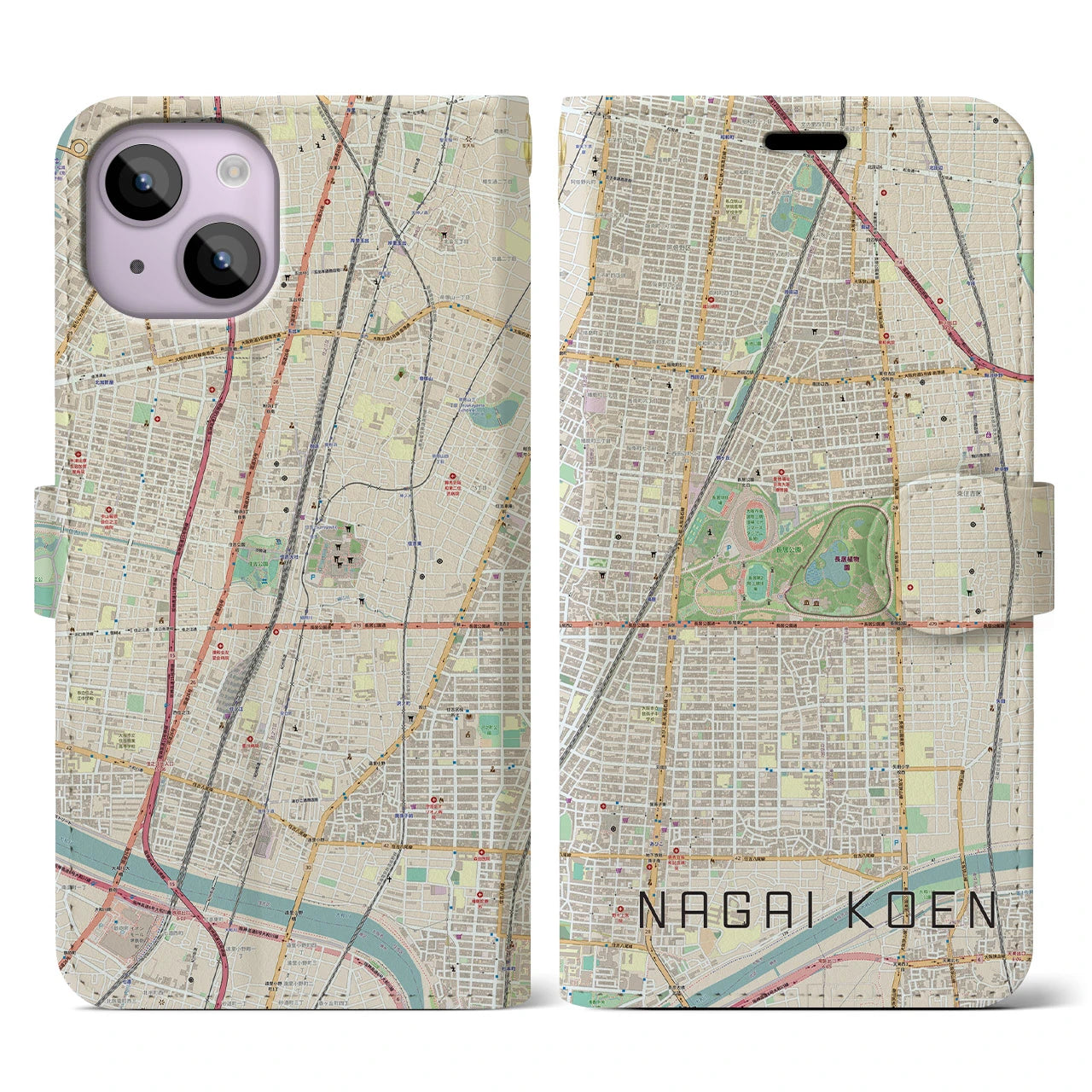 【長居公園(大阪府)】地図柄iPhoneケース(手帳タイプ)ナチュラル・iPhone 14 用