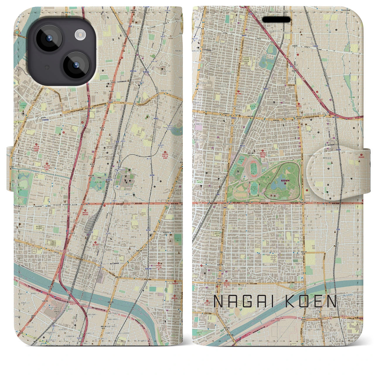 【長居公園(大阪府)】地図柄iPhoneケース(手帳タイプ)ナチュラル・iPhone 14 Plus 用
