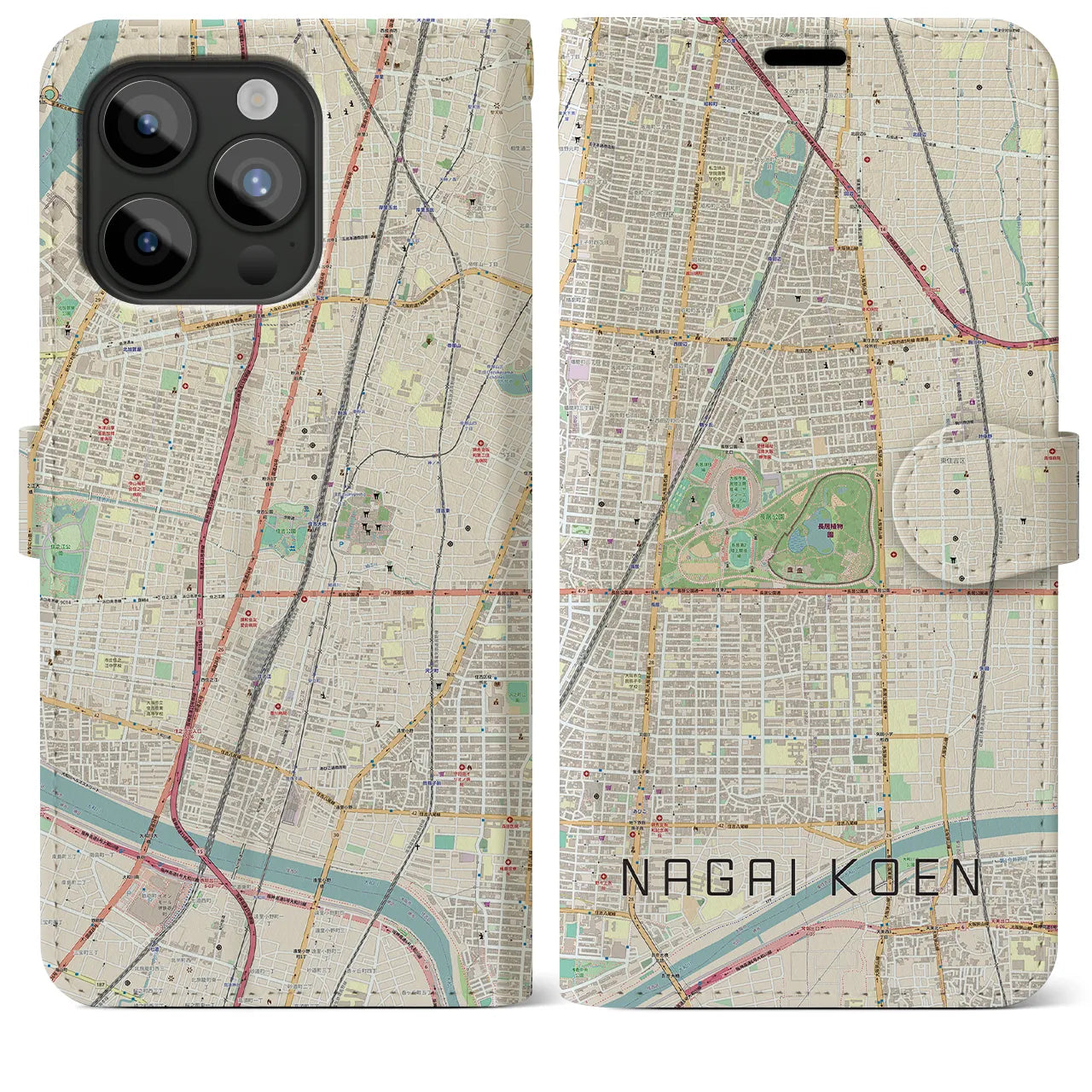 【長居公園(大阪府)】地図柄iPhoneケース(手帳タイプ)ナチュラル・iPhone 15 Pro Max 用