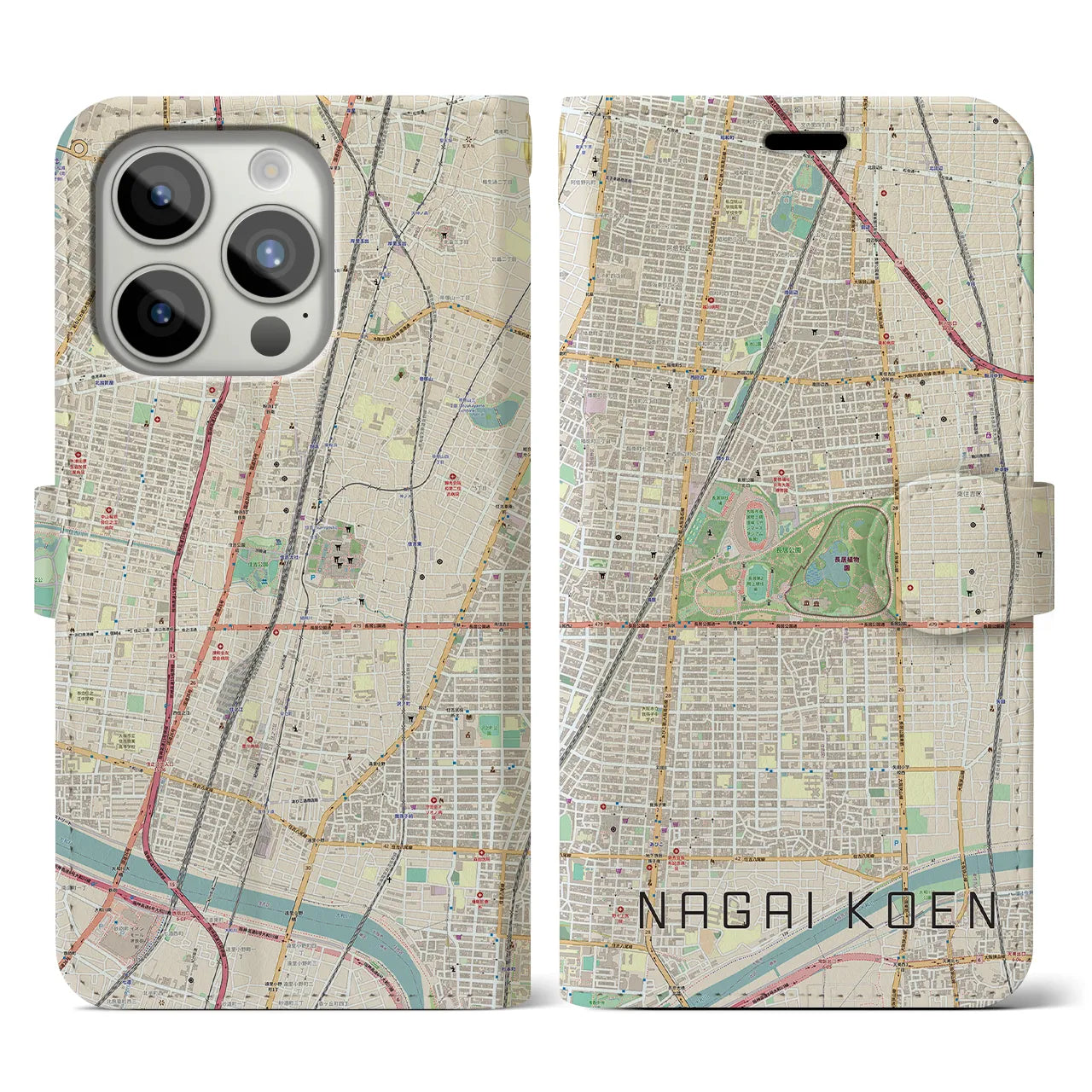 【長居公園(大阪府)】地図柄iPhoneケース(手帳タイプ)ナチュラル・iPhone 15 Pro 用