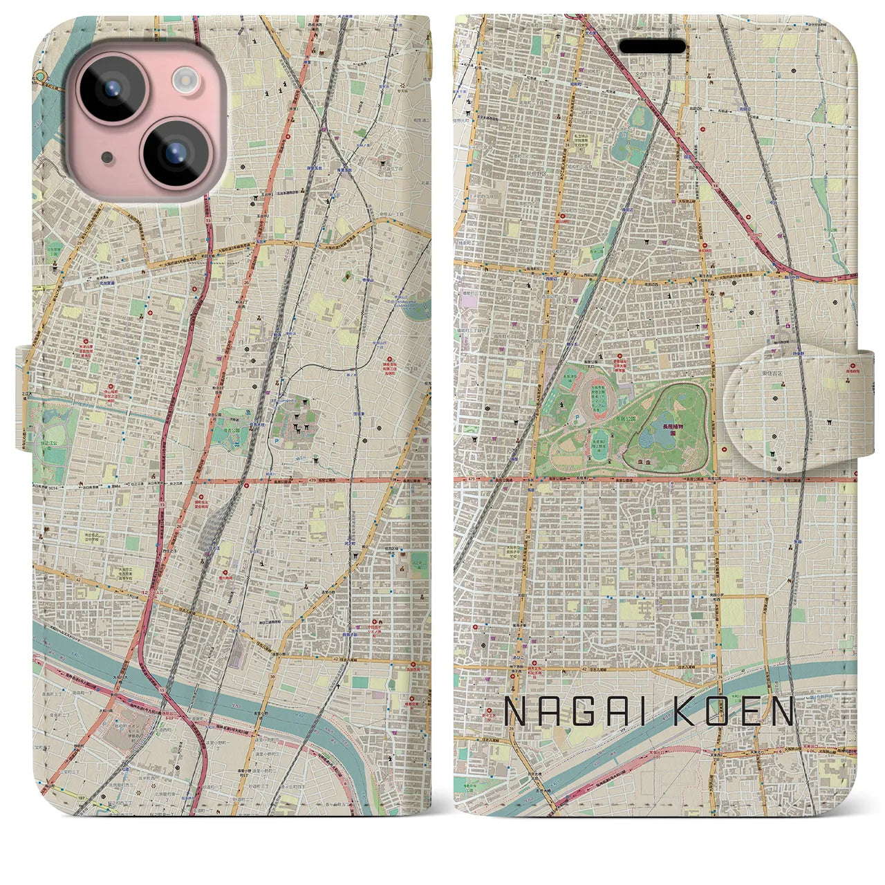 【長居公園(大阪府)】地図柄iPhoneケース(手帳タイプ)ナチュラル・iPhone 15 Plus 用