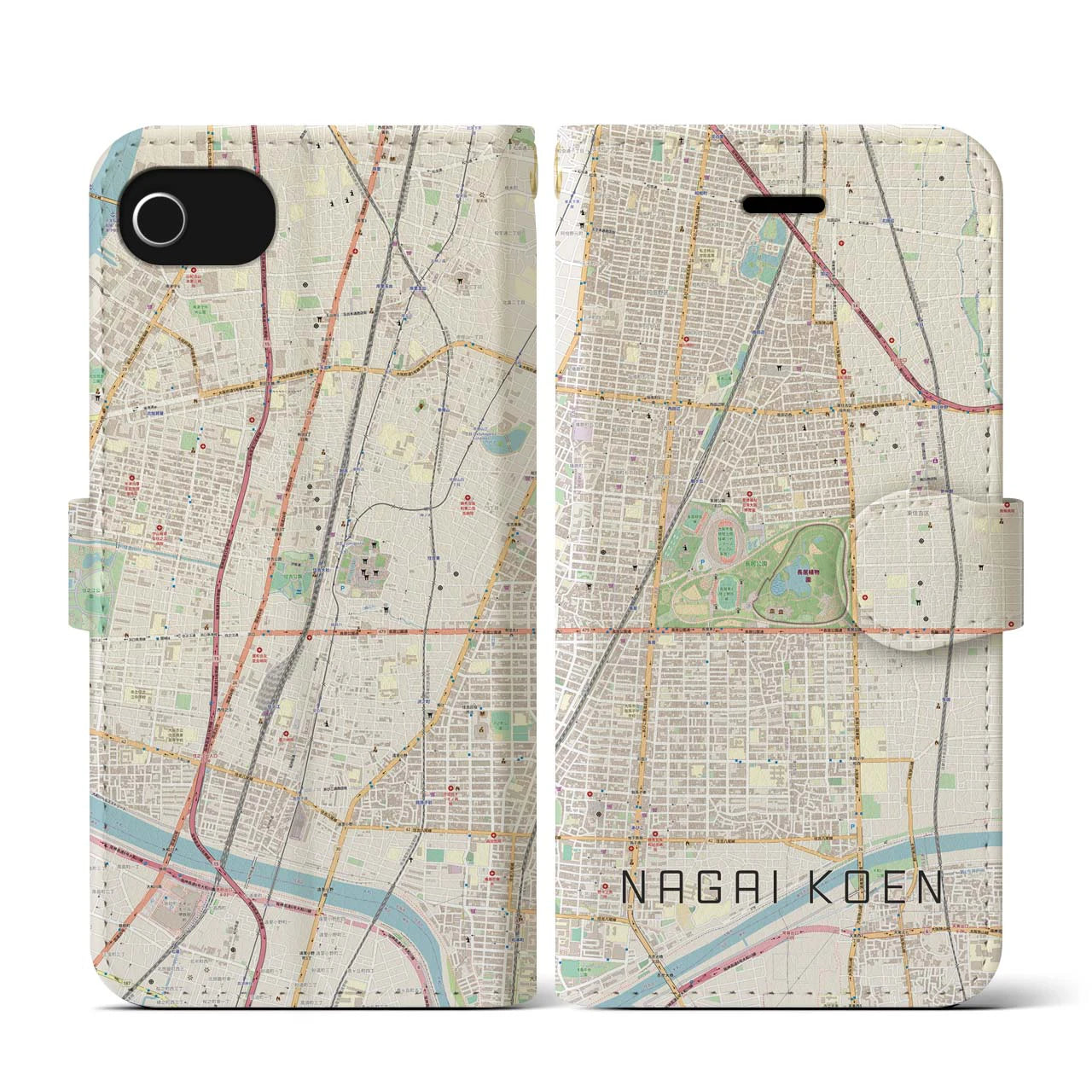 【長居公園(大阪府)】地図柄iPhoneケース(手帳タイプ)ナチュラル・iPhone SE(第3 / 第2世代) / 8 / 7 / 6s / 6 用