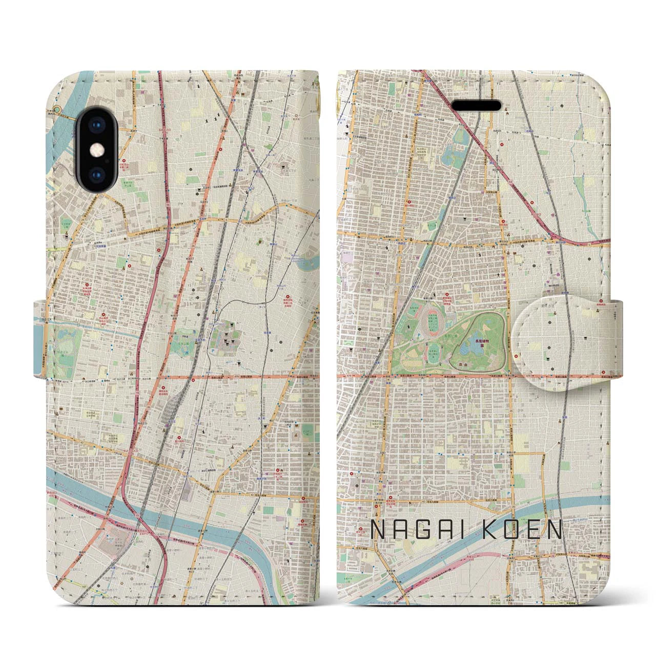 【長居公園(大阪府)】地図柄iPhoneケース(手帳タイプ)ナチュラル・iPhone XS / X 用