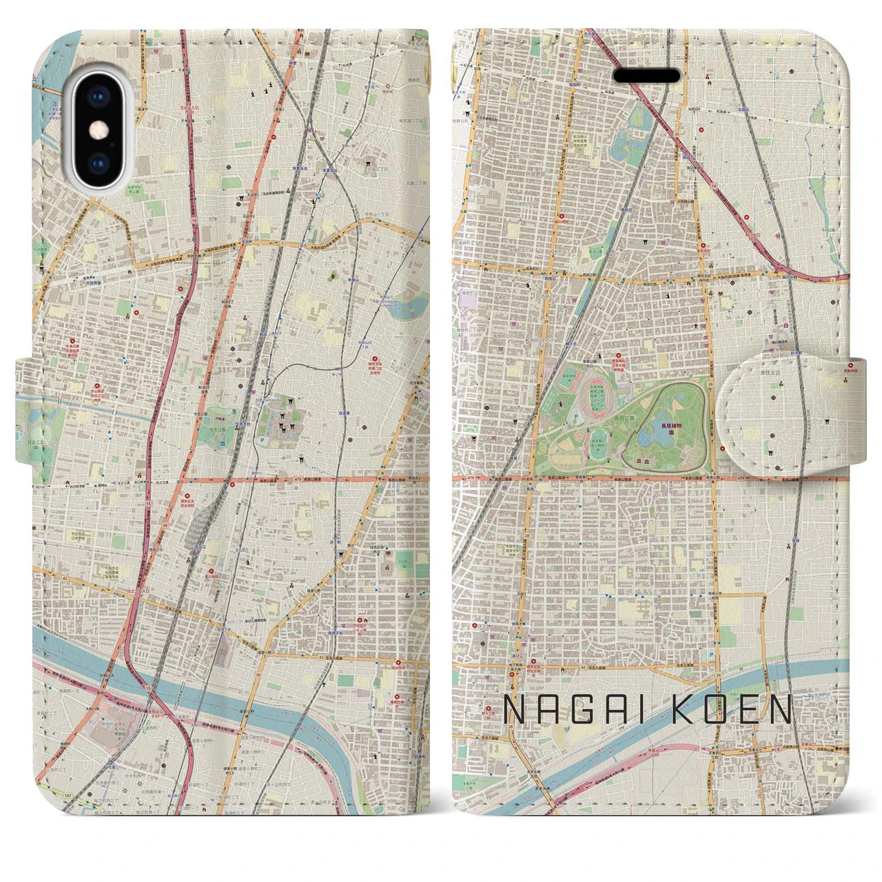 【長居公園(大阪府)】地図柄iPhoneケース(手帳タイプ)ナチュラル・iPhone XS Max 用