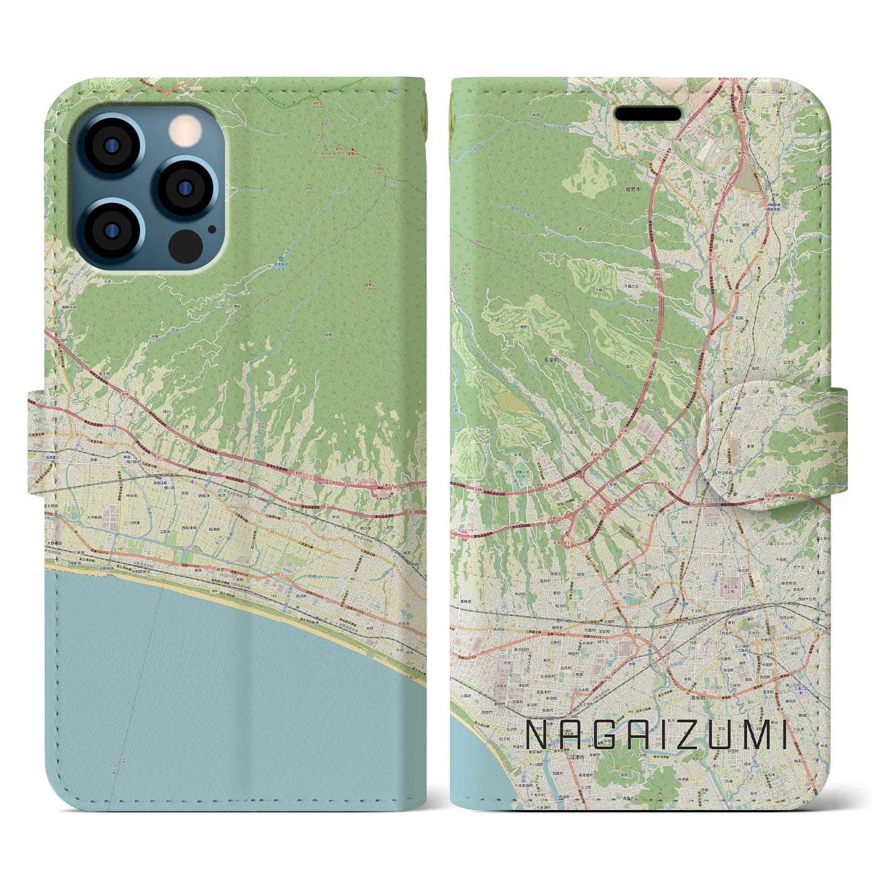 【長泉(静岡県)】地図柄iPhoneケース(手帳タイプ)ナチュラル・iPhone 12 / 12 Pro 用