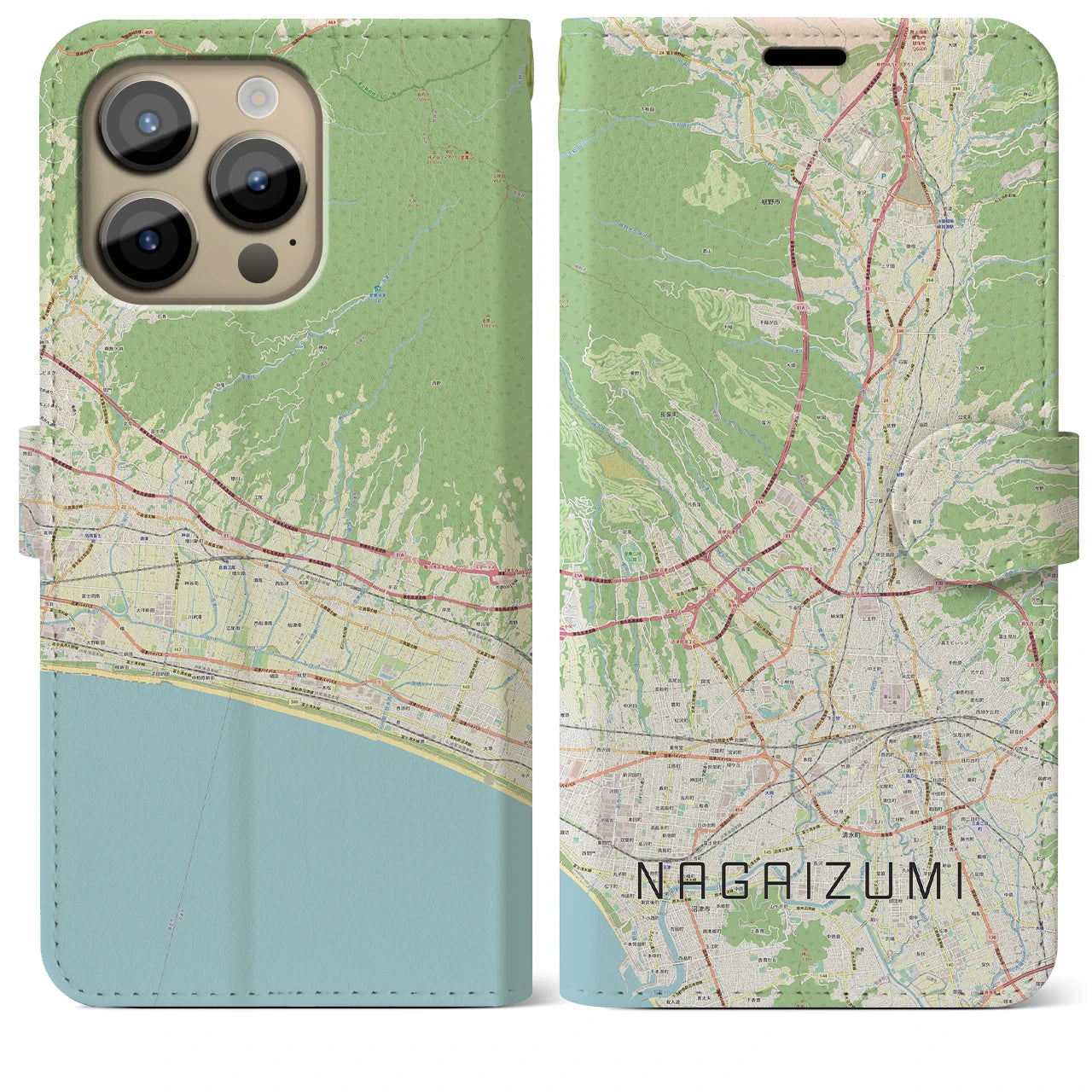 【長泉(静岡県)】地図柄iPhoneケース(手帳タイプ)ナチュラル・iPhone 14 Pro Max 用