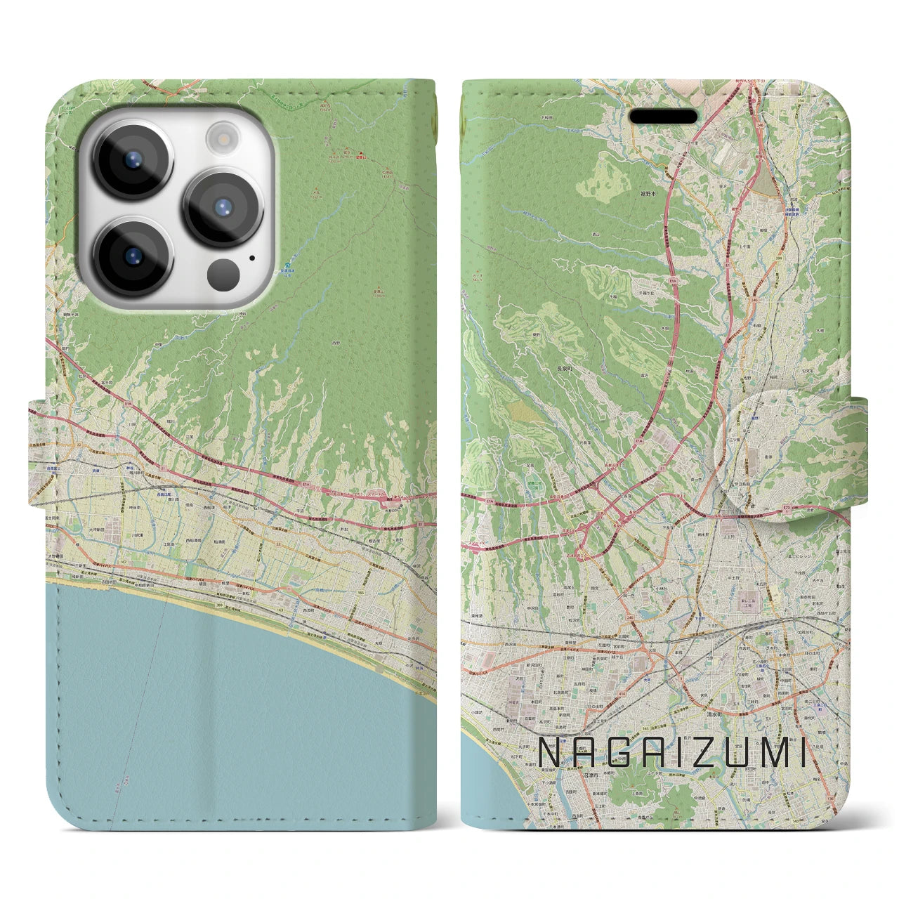 【長泉(静岡県)】地図柄iPhoneケース(手帳タイプ)ナチュラル・iPhone 14 Pro 用