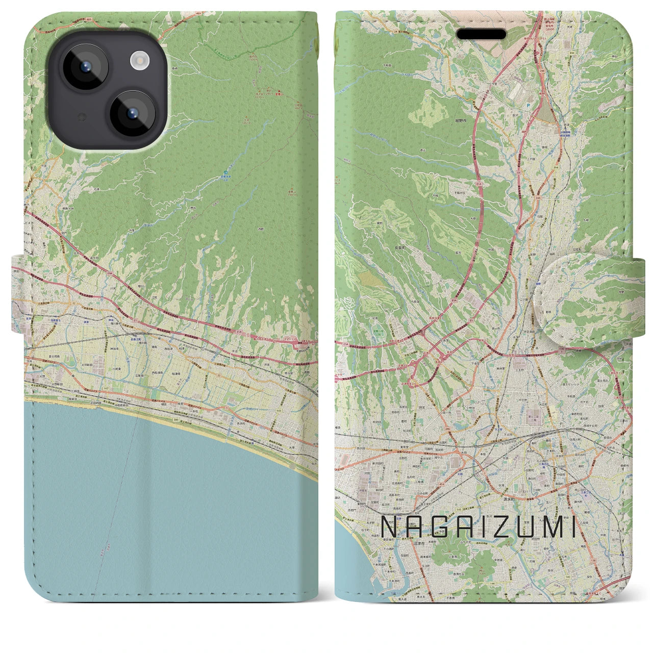 【長泉(静岡県)】地図柄iPhoneケース(手帳タイプ)ナチュラル・iPhone 14 Plus 用