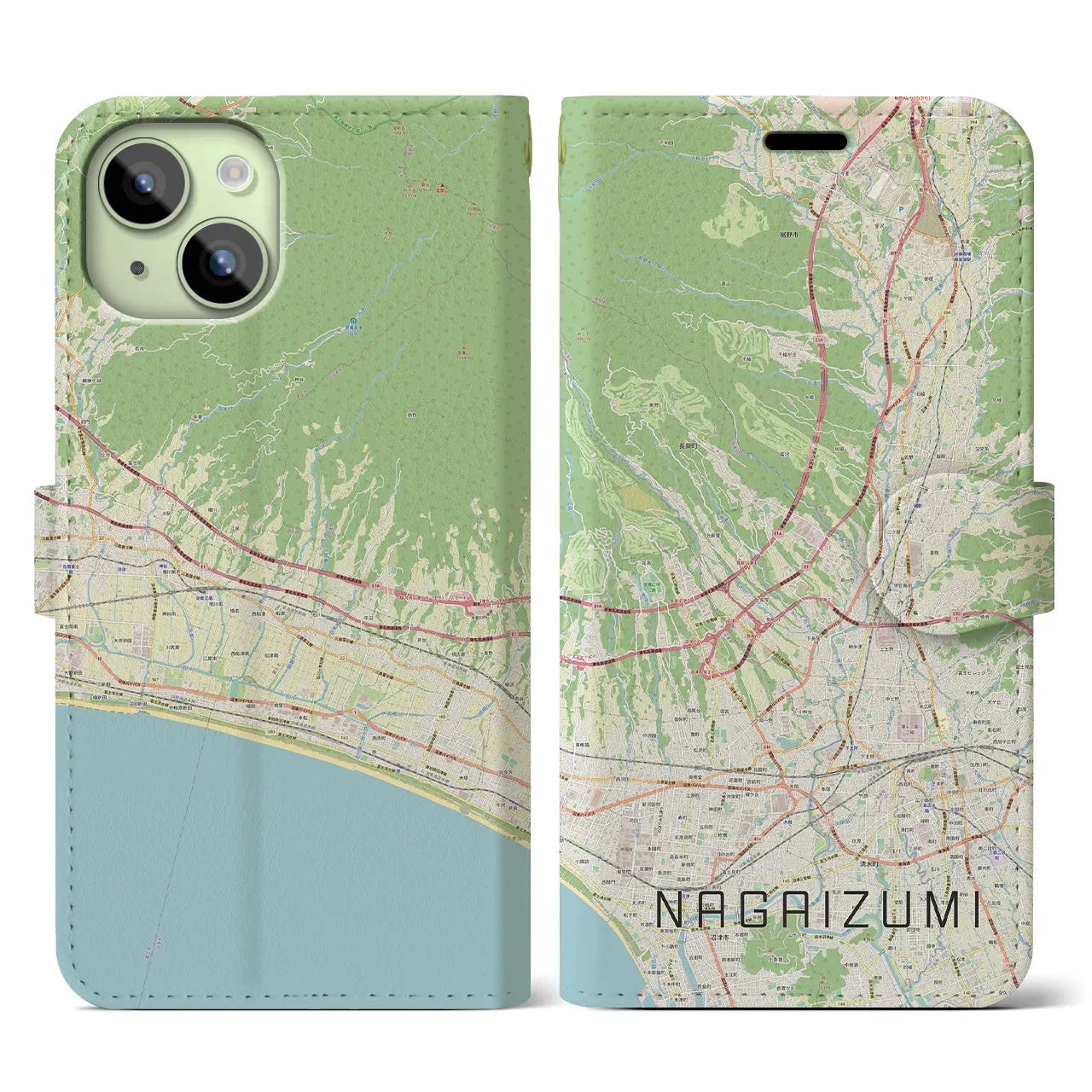 【長泉(静岡県)】地図柄iPhoneケース(手帳タイプ)ナチュラル・iPhone 15 用