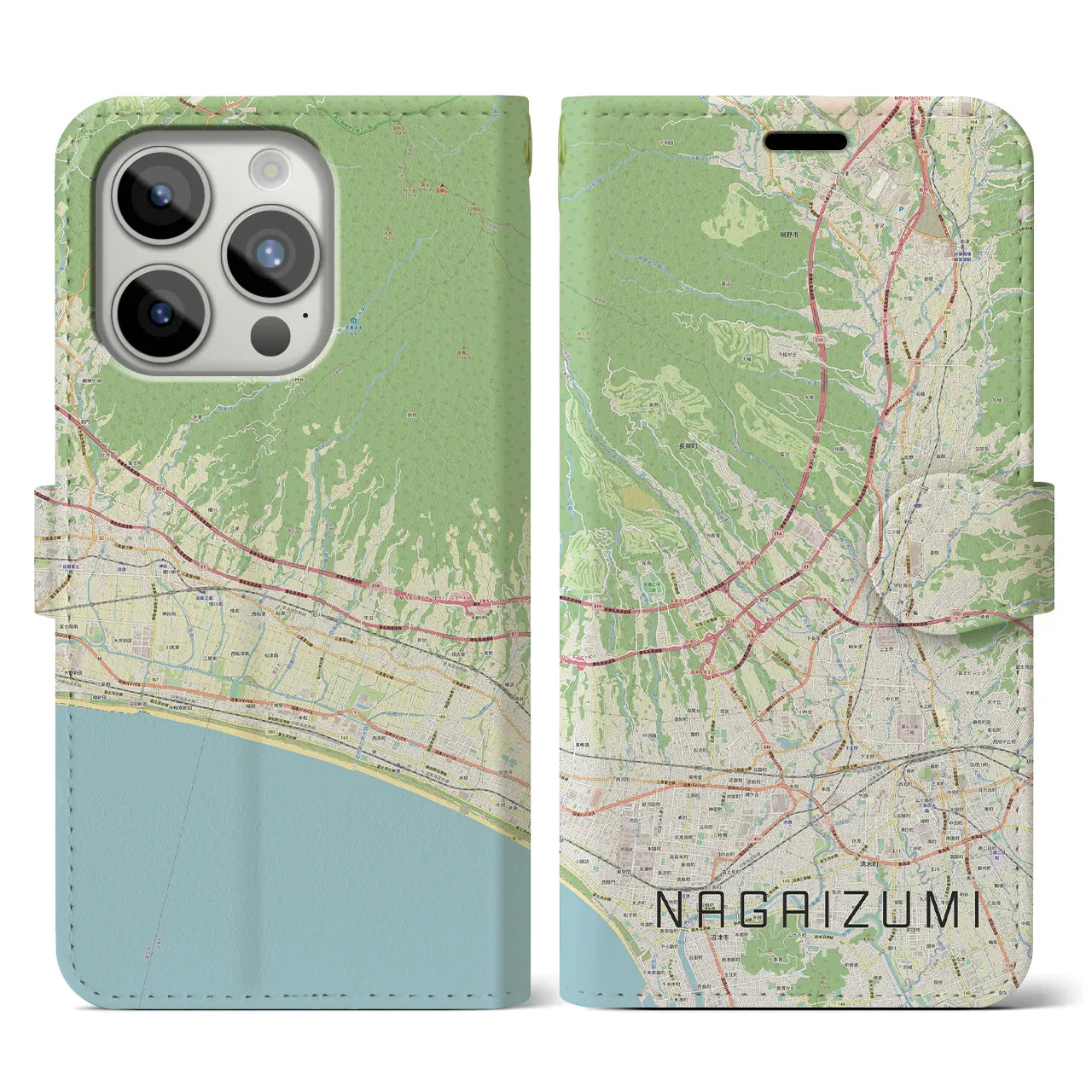 【長泉(静岡県)】地図柄iPhoneケース(手帳タイプ)ナチュラル・iPhone 15 Pro 用
