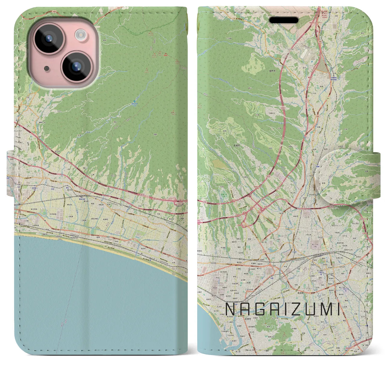 【長泉(静岡県)】地図柄iPhoneケース(手帳タイプ)ナチュラル・iPhone 15 Plus 用