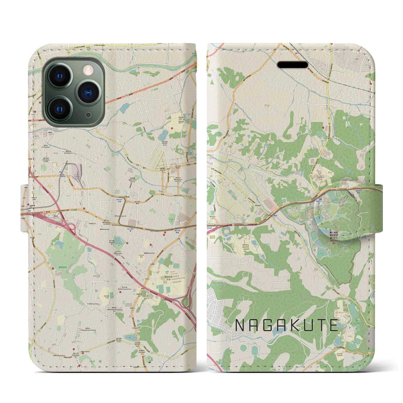 【長久手(愛知県)】地図柄iPhoneケース(手帳タイプ)ナチュラル・iPhone 11 Pro 用