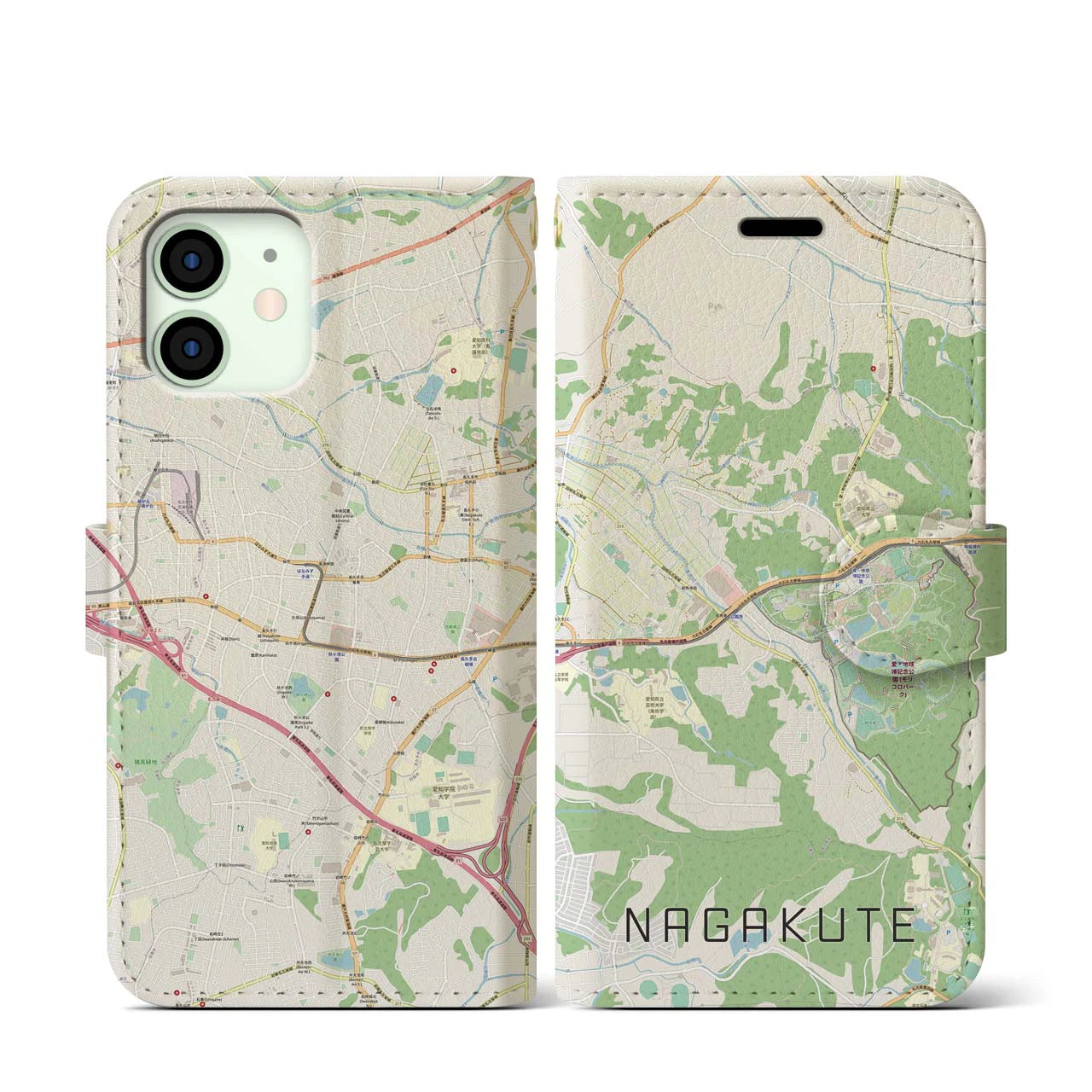【長久手(愛知県)】地図柄iPhoneケース(手帳タイプ)ナチュラル・iPhone 12 mini 用