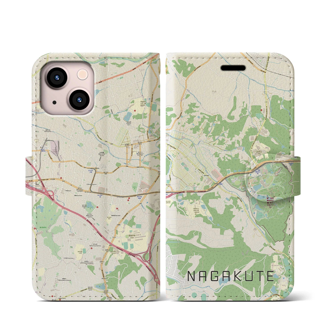 【長久手(愛知県)】地図柄iPhoneケース(手帳タイプ)ナチュラル・iPhone 13 mini 用
